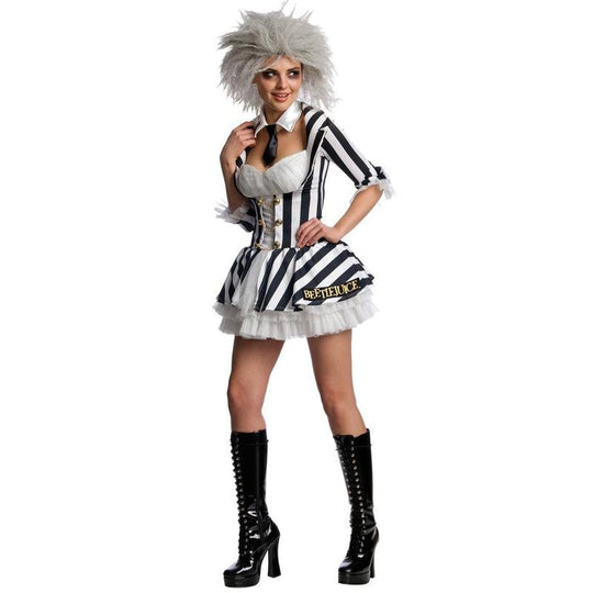 Ladies Beetlejuice Fancy Dress Costume Halloween Film Ghost Outfit + Wig
