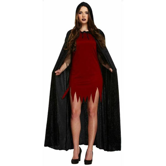 Ladies Black Velvet Hooded Cloak Vampire Cape Halloween Fancy Dress Costume