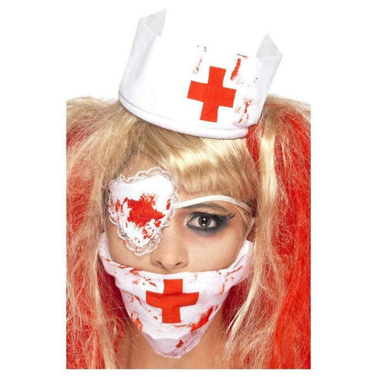 Ladies Bloody Nurse Kit Halloween Fancy Dress Mask Hat Eyepatch