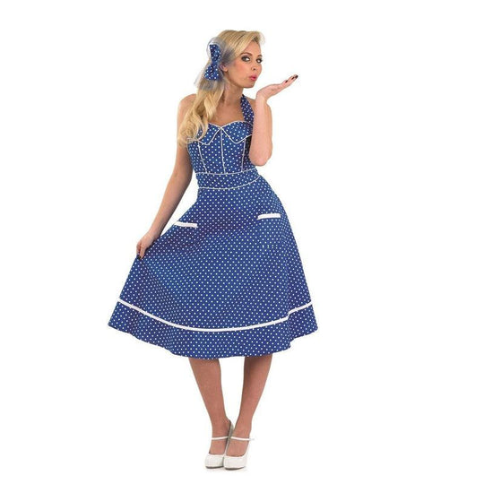 Ladies Blue Polkadot 1950s Vintage Day Fancy Dress Costume Rock N Roll Outfit