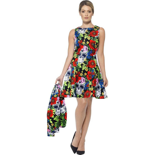 Ladies Day Of The Dead Dress Suit Costume Halloween Fancy Dress Outfit