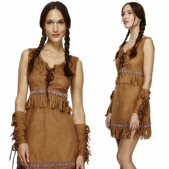 Ladies Fever Pocahontas Costume Red Indian Native American Fancy Dress Outfit