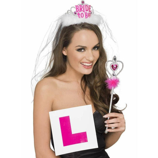 Ladies Hen Party Bride to Be Party Set Tiara & Veil L Plate Badge Wand Kit