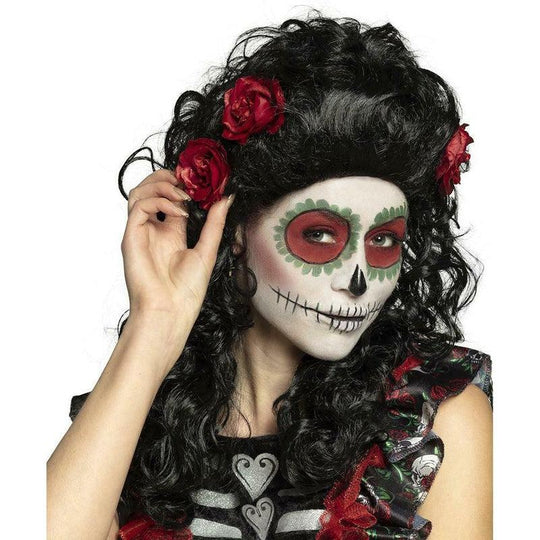 Ladies Mexican Day Of The Dead Red Rose Black Wig Halloween Fancy Dress