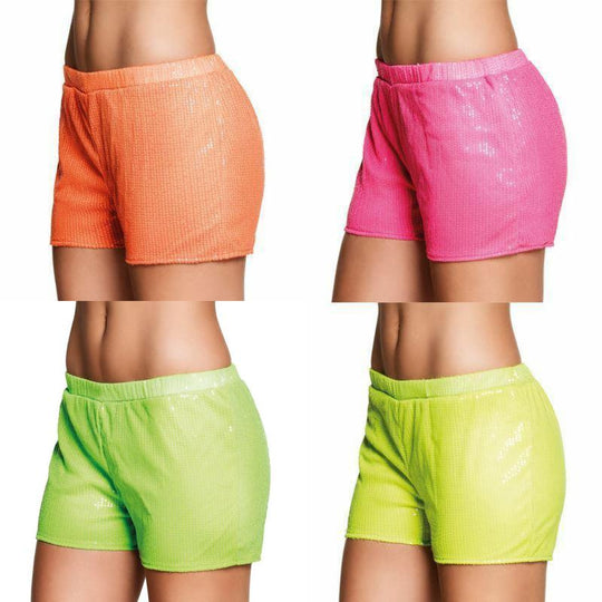 Ladies Neon Sequin Hot Pants 80s Dance Shorts Fancy Dress Costume