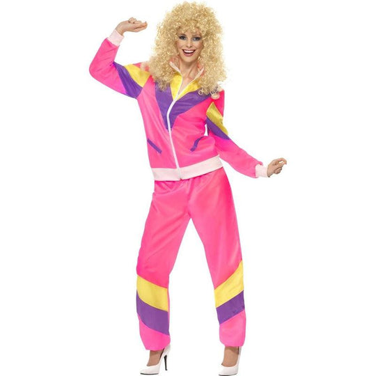 Ladies Pink Shell Suit Costume Scouser Retro 80s Tracksuit Fancy Dress Outfit