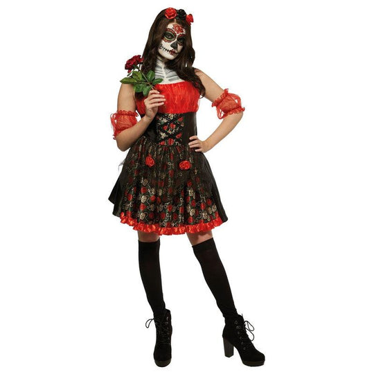 Ladies Red Rose Day Of The Dead Costume Hallowen Mexican Fancy Dress Outfit