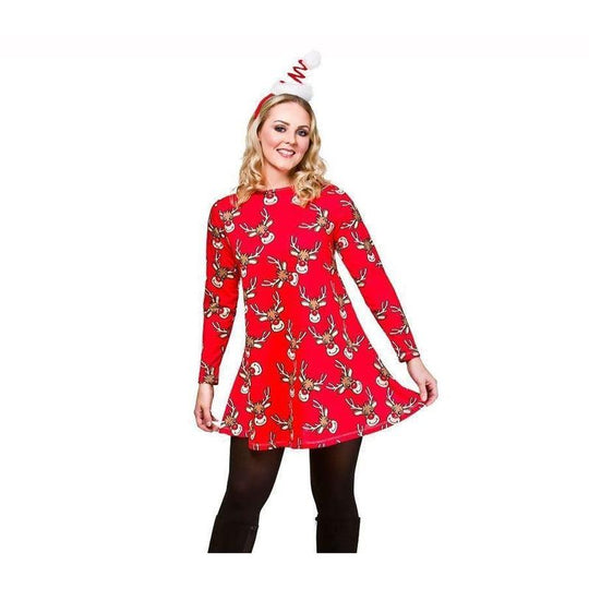 Ladies Reindeer Print Christmas Dress Festive Womens Fancy Dress Costume