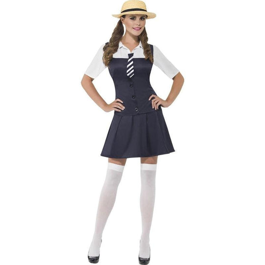 Ladies School Girl Costume St Trinians Schoolgirl Fancy Dress & Straw Boater Hat