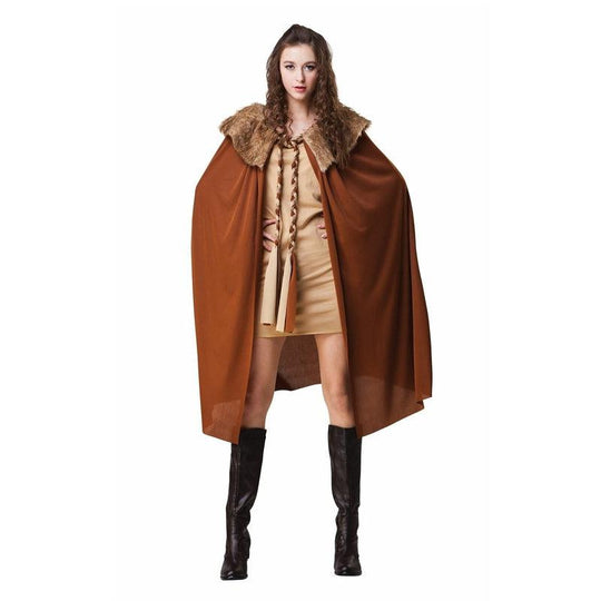 Ladies Short Brown Cape With Plush Collar Medieval Fancy Dress Costume Cloak