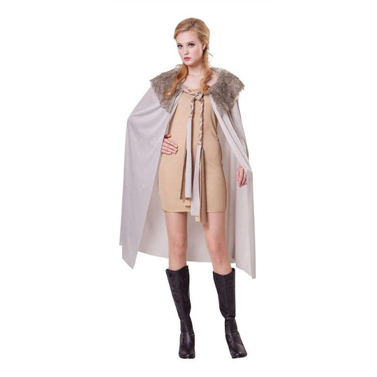 Ladies Short Grey Cape With Plush Collar Medieval Fancy Dress Costume Cloak