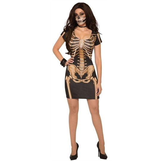 Ladies Skeleton Bone Print Dress Halloween Day Of The Fancy Dress Outfit