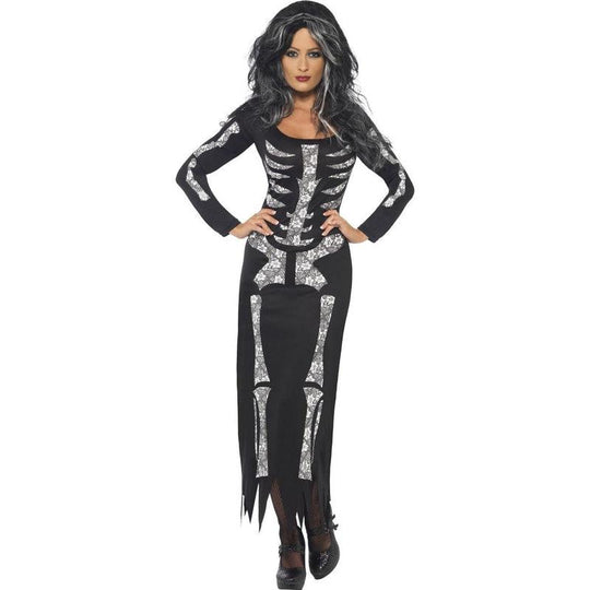 Ladies Skeleton Long Black Dress Halloween Fancy Dress Costume Womens Outfit