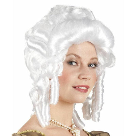 Ladies White Baroque Wig Ringlet Curls Womens Victorian Fancy Dress Costume