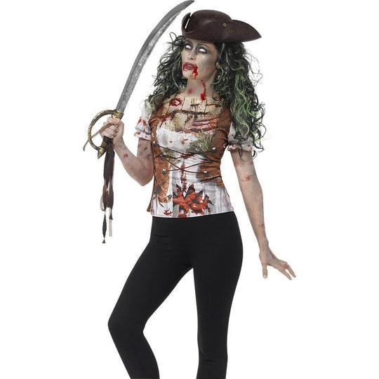 Ladies Zombie Pirate Shirt Undead Womens Halloween Fancy Dress Costume