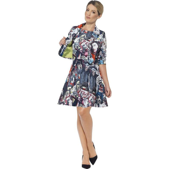 Ladies Zombie Print Suit Halloween Fancy Dress Costume Jacket & Dress Outfit