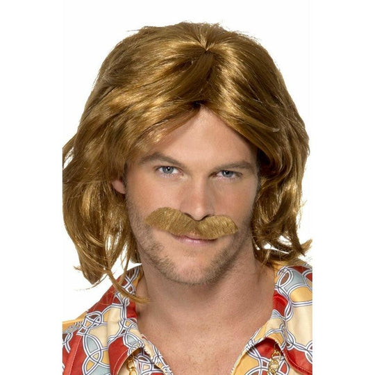 Mens 70s Super Trouper Brown Wig & Moustache Disco Fancy Dress Accessory