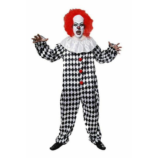 Mens Black & White Scary Clown IT Halloween Fancy Dress Costume With Wig