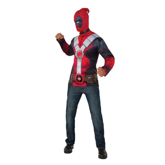 Mens Deadpool Shirt & Mask Costume Halloween Super Hero Fancy Dress Outfit Kit