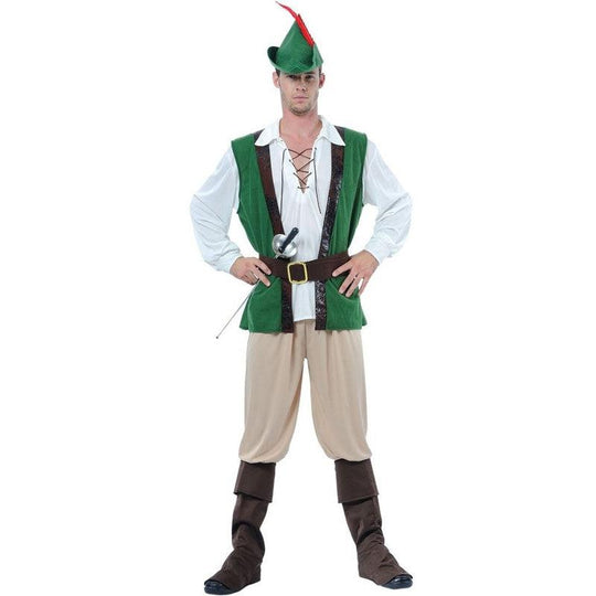 Mens Deluxe Robin Hood Medieval Fancy Dress Costume Adult Outfit & Hat
