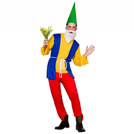 Mens Funny Garden Gnome Costume Dwarf Fairy Tale Fancy Dress Adult Outfit