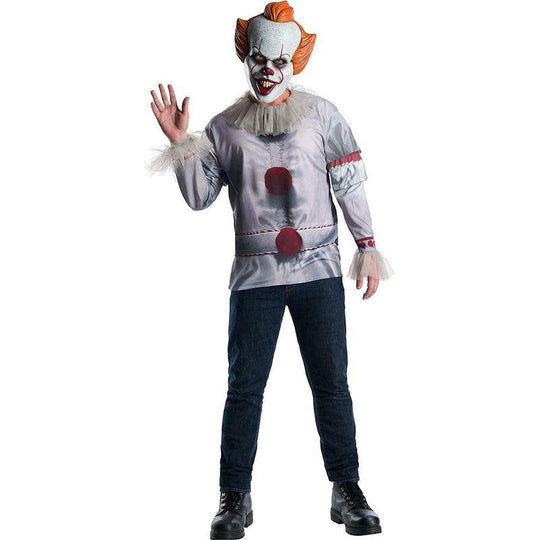 Mens Pennywise IT Top & Mask Adult Clown Halloween Fancy Dress Costume