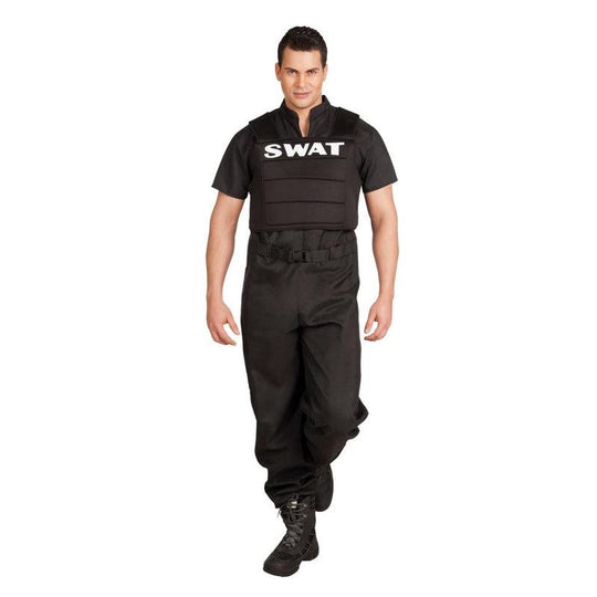 Mens Swat Officer Costume Police FBI Jumpsuit Cop Uniform Fancy Dress Outfit