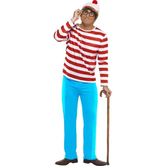 Mens Where's Wally Costume Book Week Stag Fancy Dress Outfit + Hat + Glasses