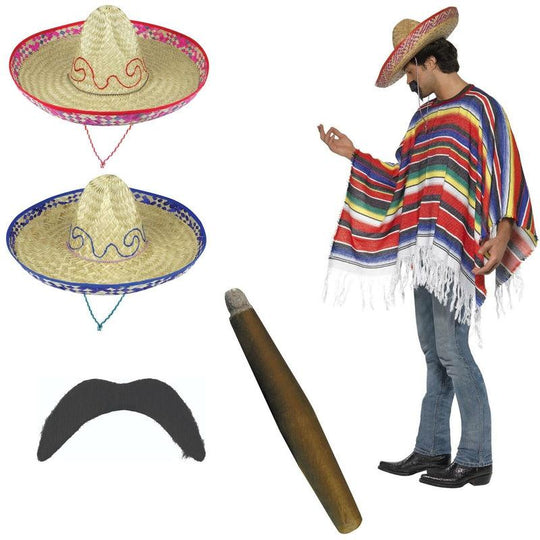 Mexican Poncho Bandit Costume Set Sombrero Hat Moustache & Cigar