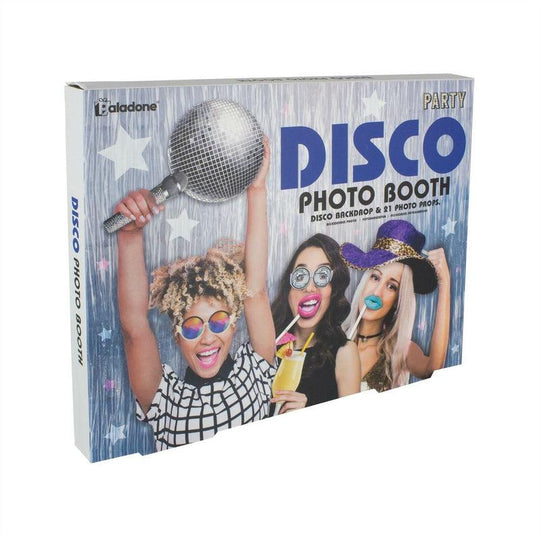 Paladone Disco Photo Booth Picture & 21 Props Silver Tinsel Curtain