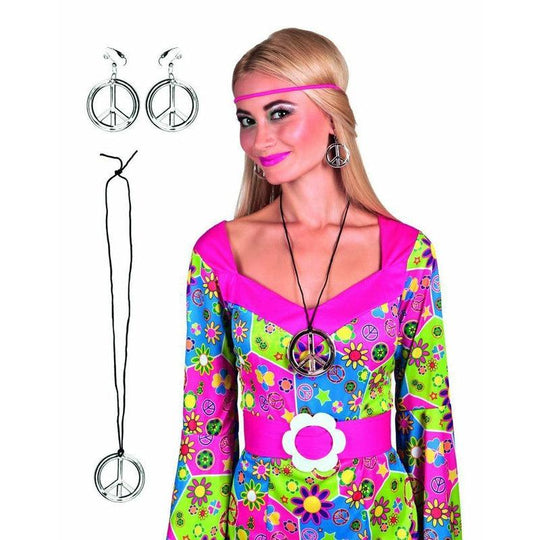 Peace Sign Necklace & Earrings Ladies CND 60s 70s Fancy Dress Accesory