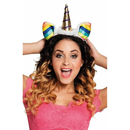 Rainbow Unicorn Horn Tiara Headband With Flowers Ladies Fancy Dress Accessory