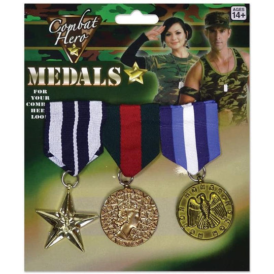 Set of 3 Military Medals Army Soldier War Hero Fancy Dress Costume Accessory