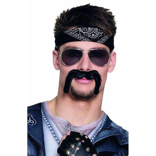 Stick On Black Biker Handlebar Moustache YMCA Fancy Dress Costume Accessory
