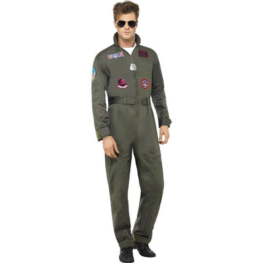 Top Gun Deluxe Pilot Costume Mens Aviator Jumpsuit Fancy Dress Outfit +Aviators