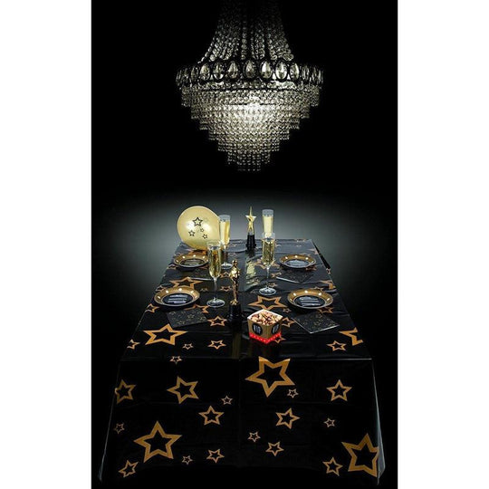 VIP Stars Black & Gold Tablecloth 130 x 180cm Fancy Dress Party