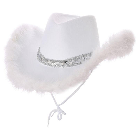 Wicked Costumes Texan Cowgirl Hat White Sequins & Marabou Fancy Dress Accessory