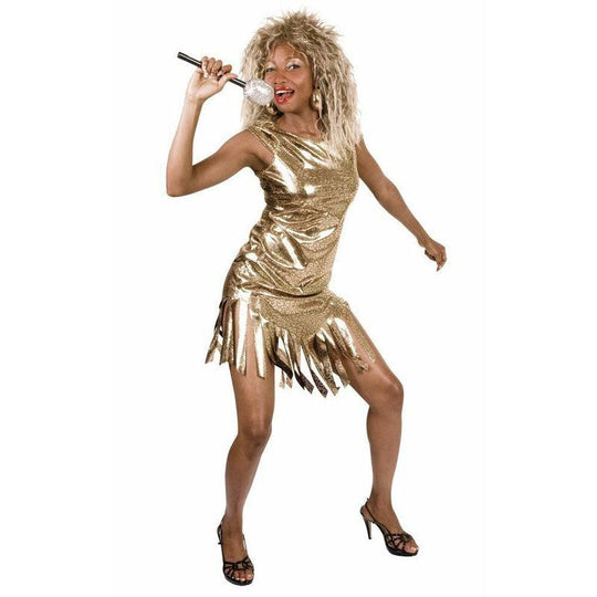 Womens Gold Tina Turner Rock Queen Costume Pop Star 80s Fancy Dress Outfit