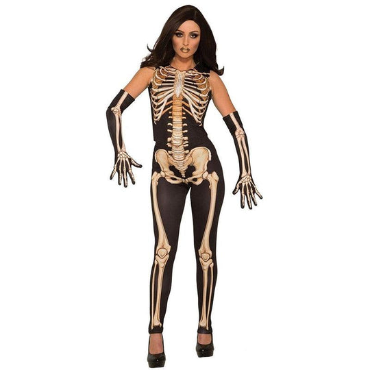 Womens Lady Bones Costume Skeleton Ladies Halloween Fancy Dress Outfit